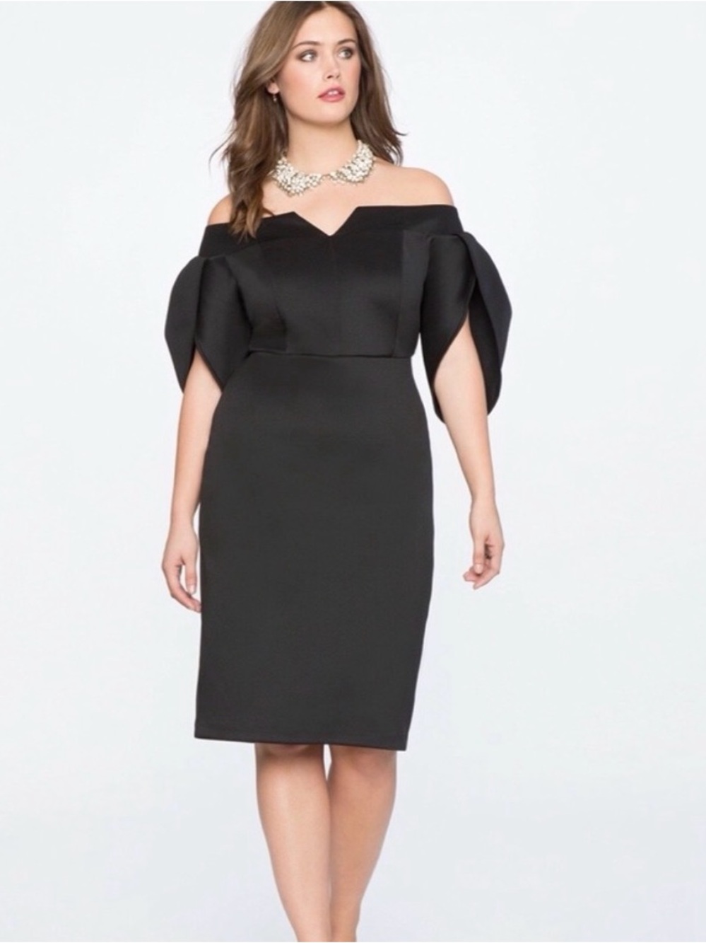 Eloquii Black One-Shoulder Sheath Dress with Draped Sculptural Sleeve